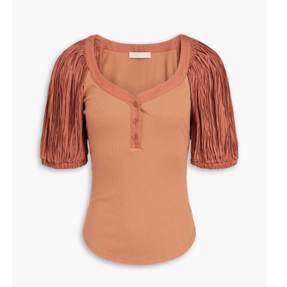 NWT Ulla Johnson Marika Top Puff Sleeves Scoop Neck Rib Knit Sz XL In Chestnut - Picture 1 of 11